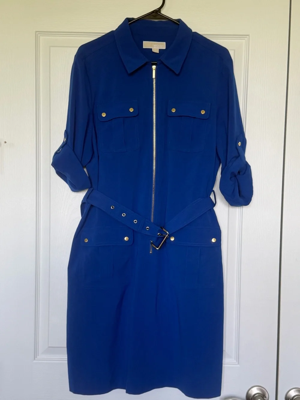 MICHAEL KORS Blue Zip Front Belted Utility Shirt Dress Women’s Size XL